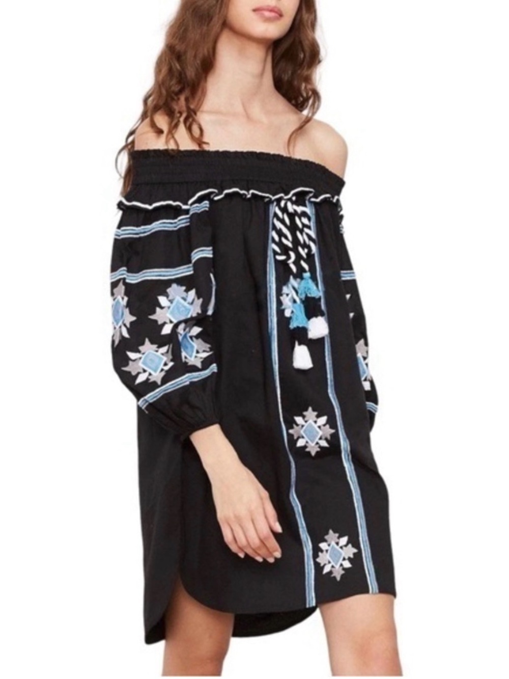 MISA Natalie Off The Shoulder Embroidered Mini Dress in Black & Blue Size XS